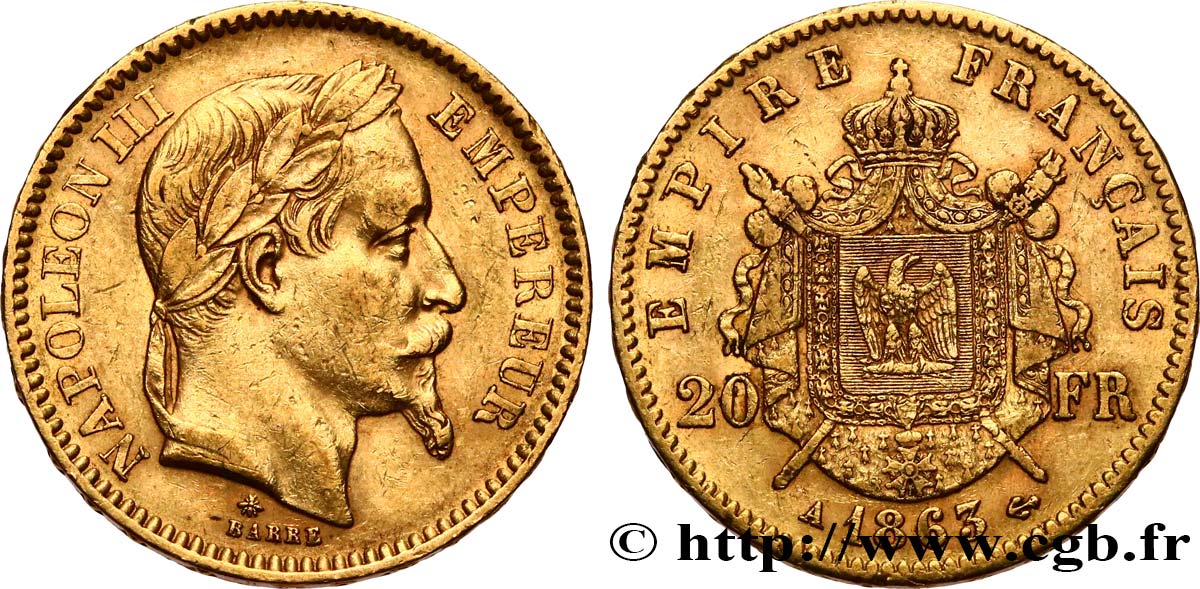 20 francs or Napoléon III, tête laurée 1863 Paris F.532/6 BB45 