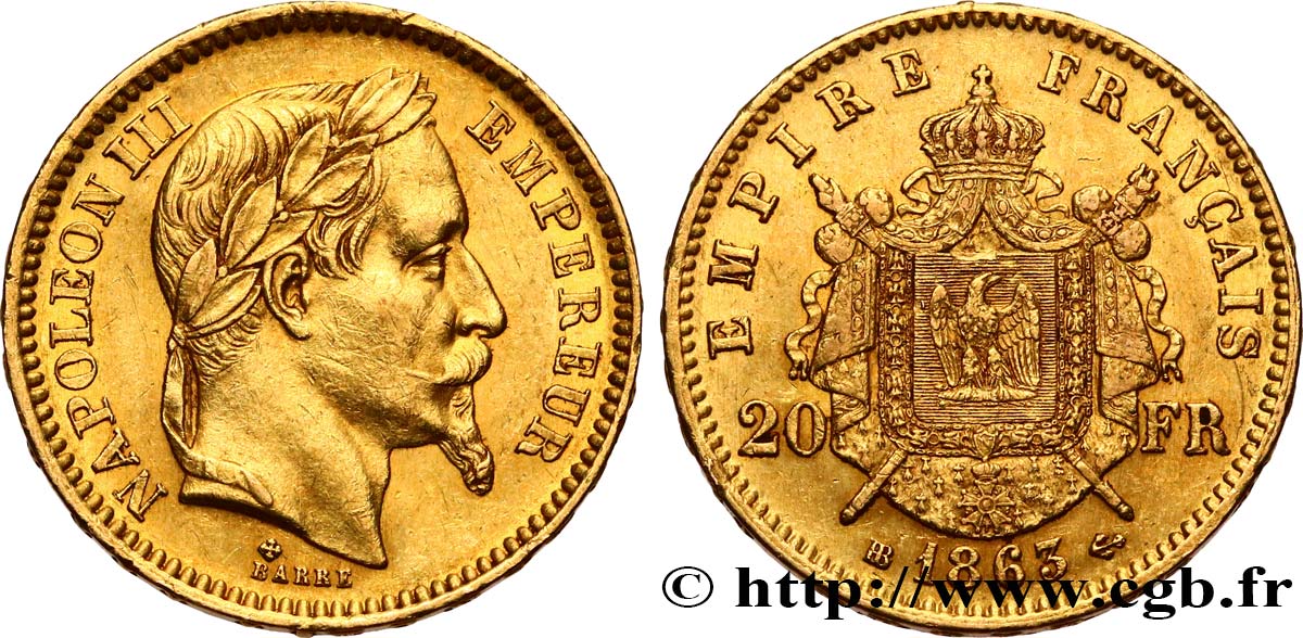 20 francs or Napoléon III, tête laurée 1863 Strasbourg F.532/7 AU50 