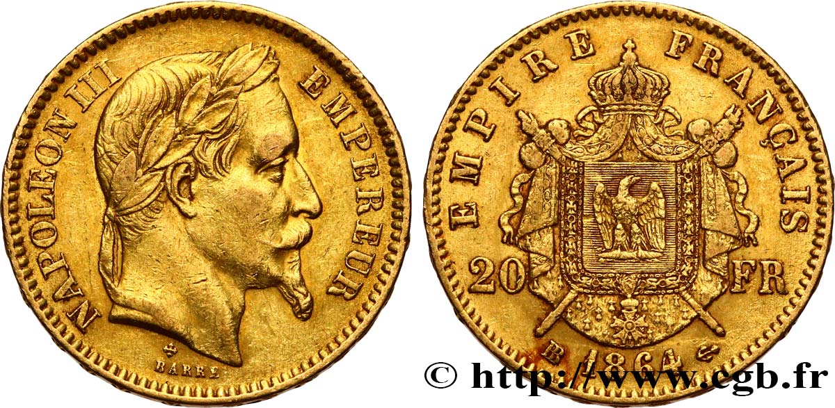 20 francs or Napoléon III, tête laurée 1864 Strasbourg F.532/10 TTB45 
