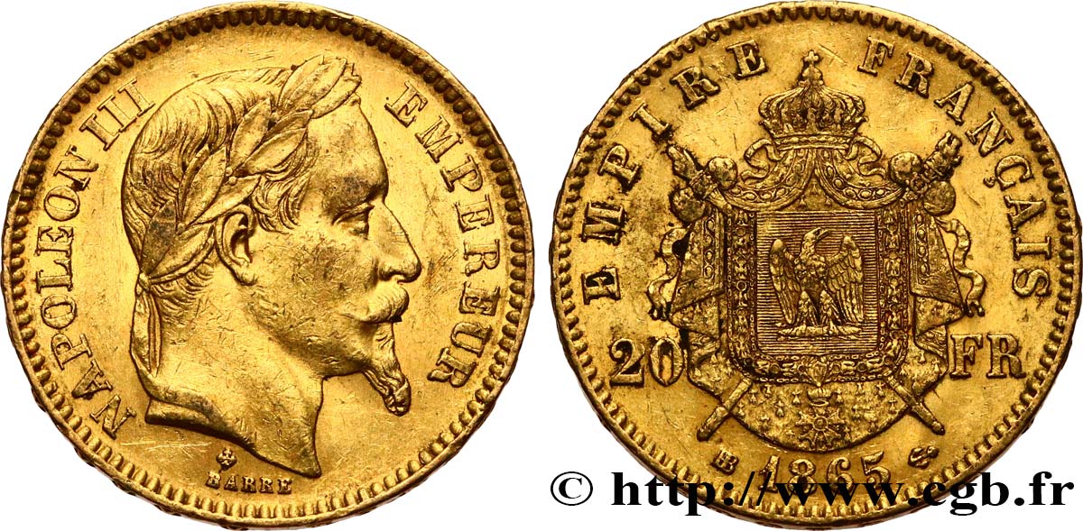 20 francs or Napoléon III, tête laurée 1865 Strasbourg F.532/12 XF 