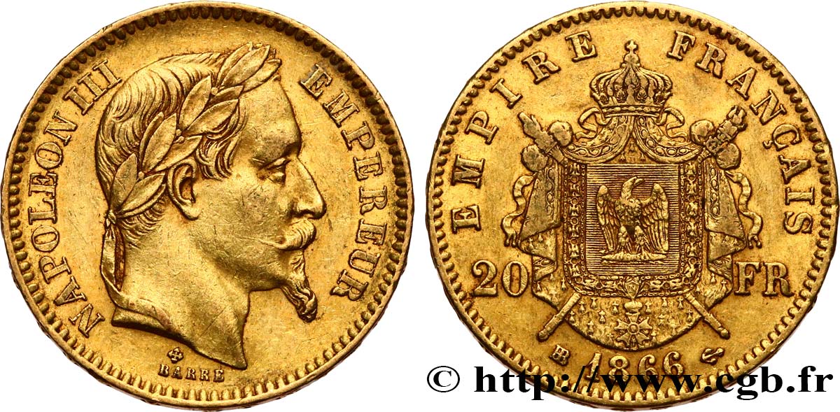 20 francs or Napoléon III, tête laurée 1866 Strasbourg F.532/14 TTB45 