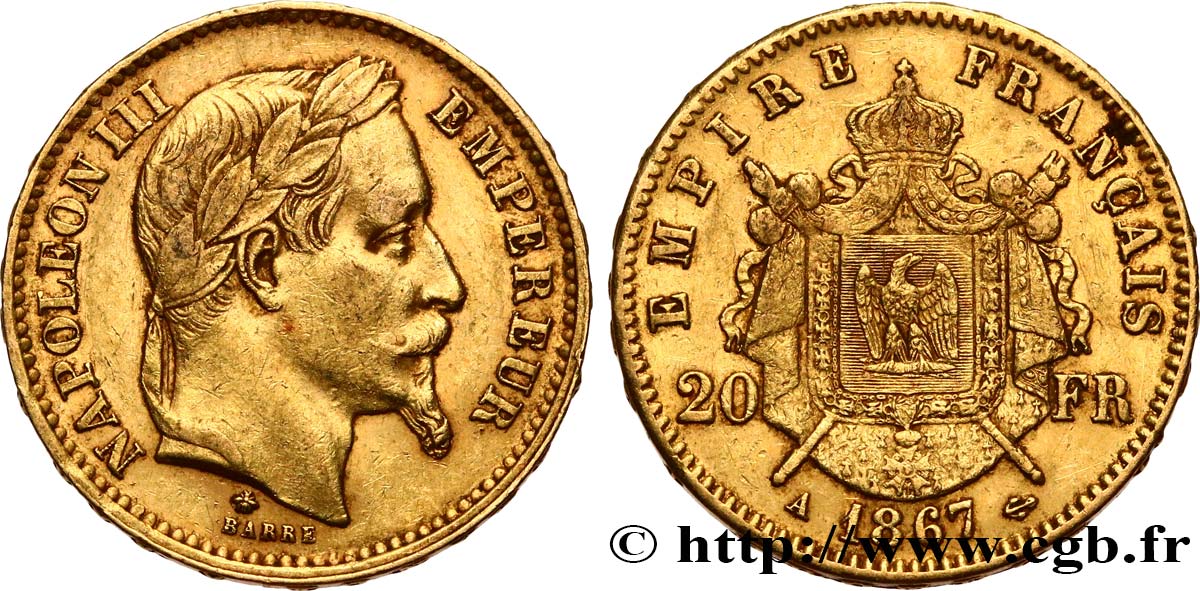 20 francs or Napoléon III, tête laurée 1867 Paris F.532/15 XF45 