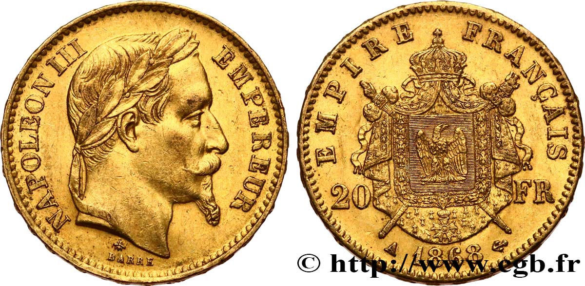 20 francs or Napoléon III, tête laurée 1868 Paris F.532/18 MBC50 