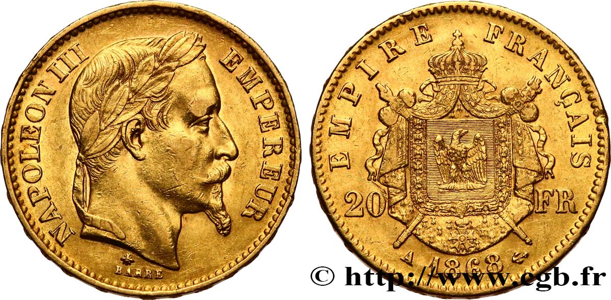 20 francs or Napoléon III, tête laurée 1868 Paris F.532/18 XF 