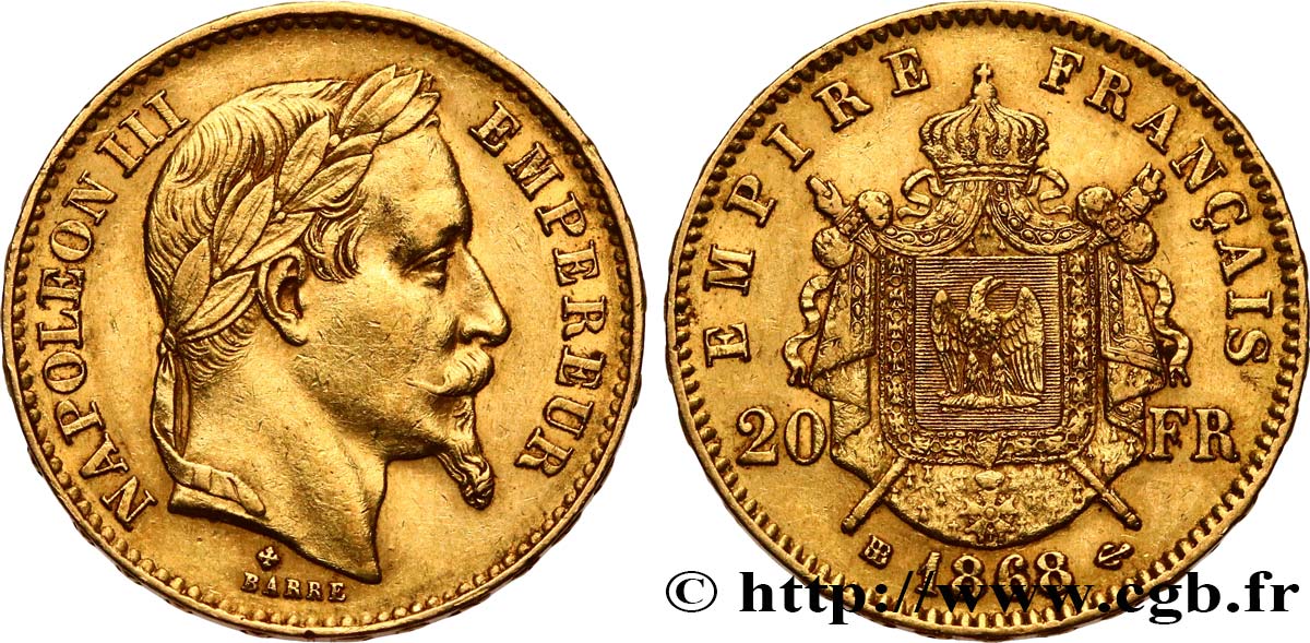 20 francs or Napoléon III, tête laurée 1868 Strasbourg F.532/19 TTB 