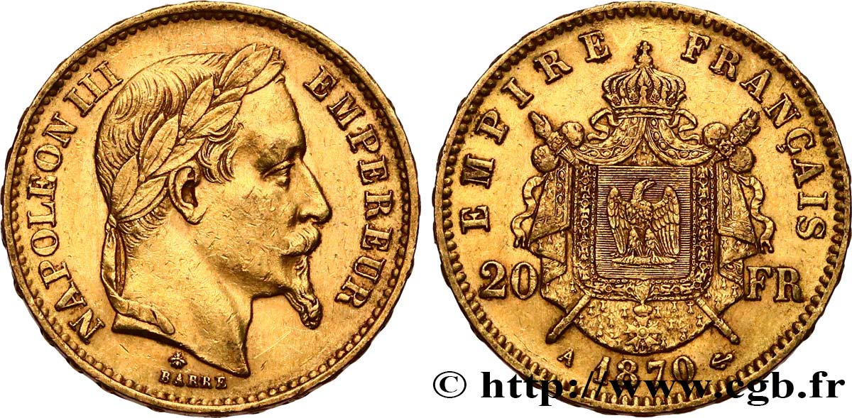 20 francs or Napoléon III, tête laurée 1870 Paris F.532/23 SS50 