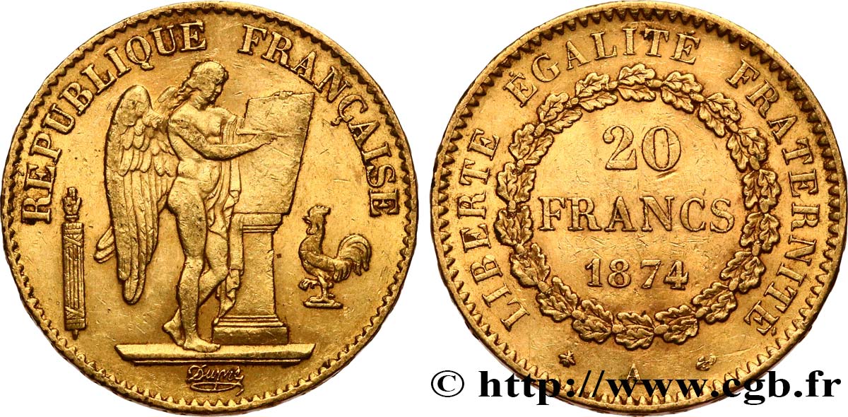 20 francs or Génie, Troisième République 1874 Paris F.533/2 SS50 