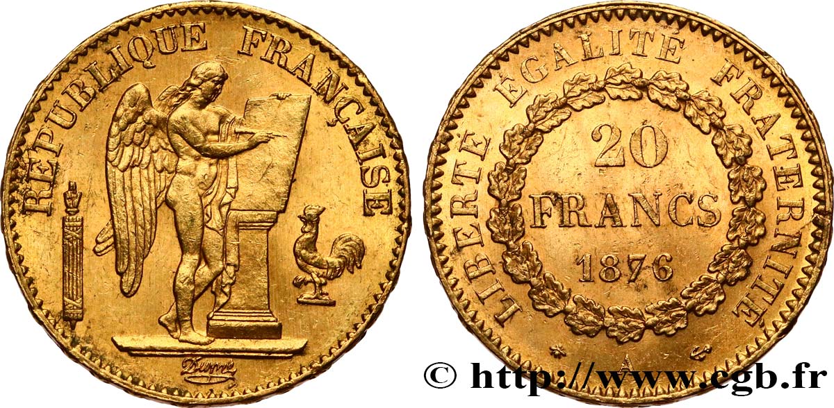 20 francs or Génie, Troisième République 1876 Paris F.533/4 TTB53 