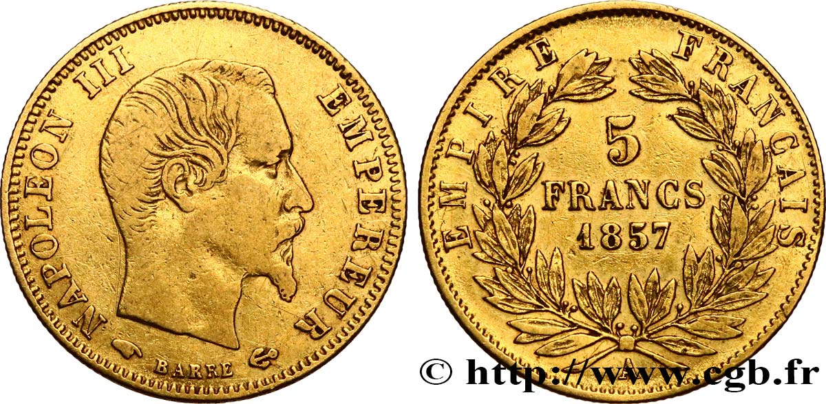 5 francs or Napoléon III, tête nue, grand module 1857 Paris F.501/4 TB+ 