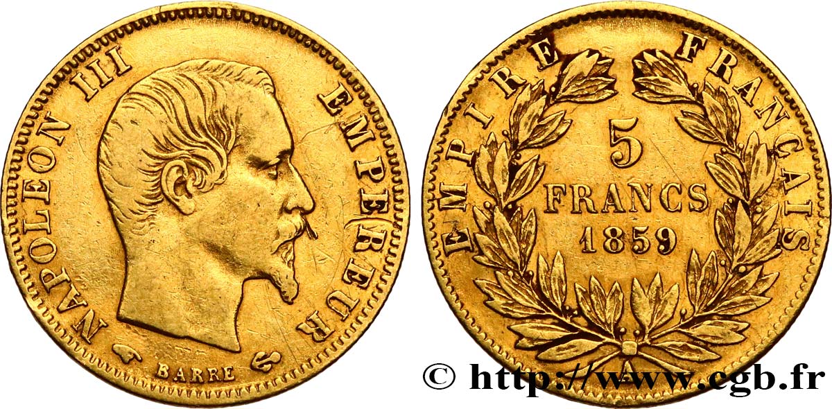 5 francs or Napoléon III, tête nue, grand module 1859 Paris F.501/7 BC+ 