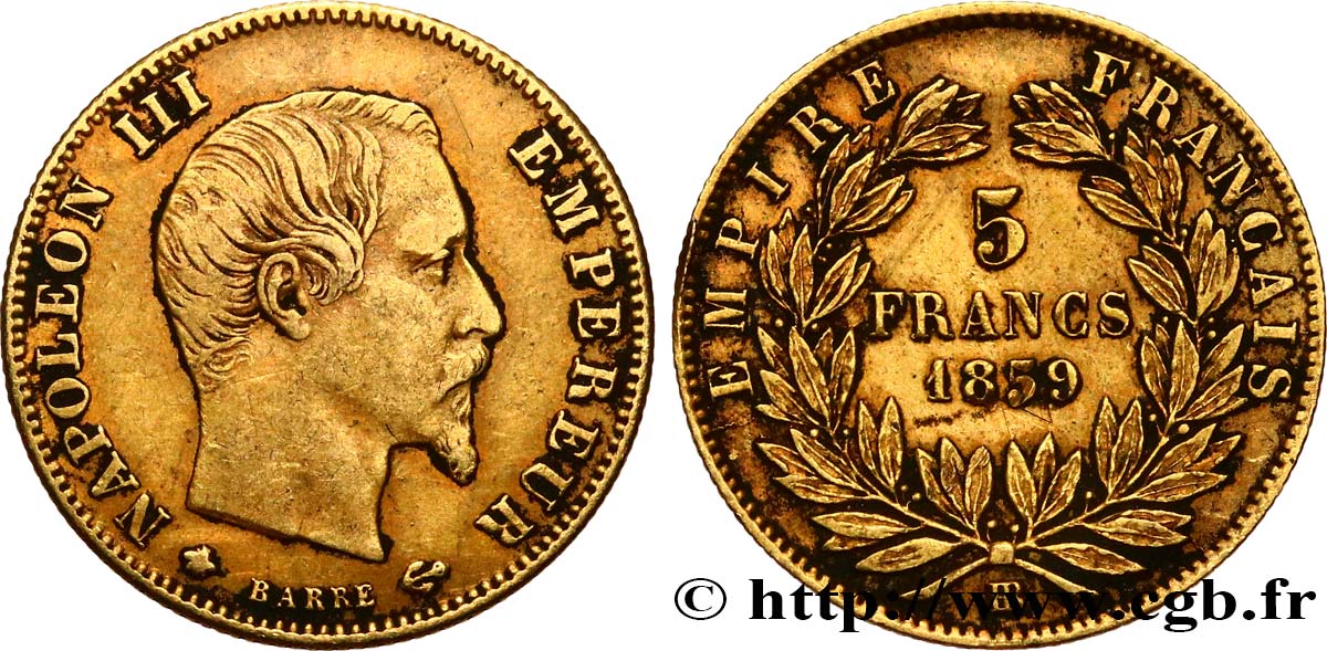 5 francs or Napoléon III, tête nue, grand module 1859 Strasbourg F.501/8 TB+ 