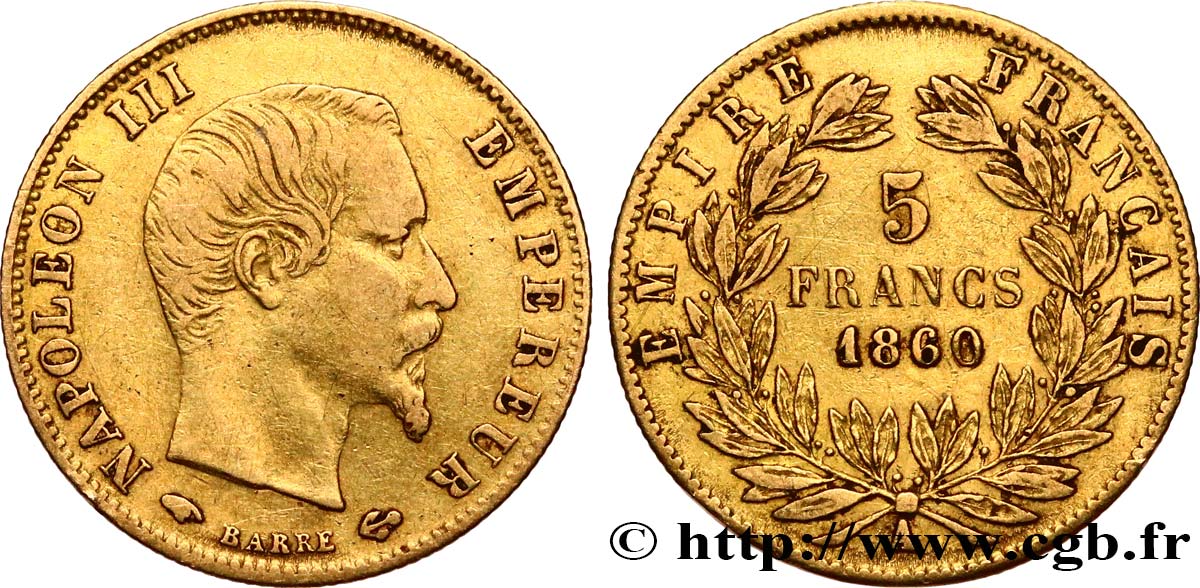 5 francs or Napoléon III, tête nue, grand module 1860 Paris F.501/10 TB+ 