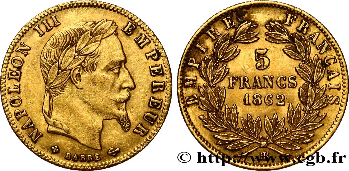 5 francs or Napoléon III, tête laurée 1862 Strasbourg F.502/2 AU 
