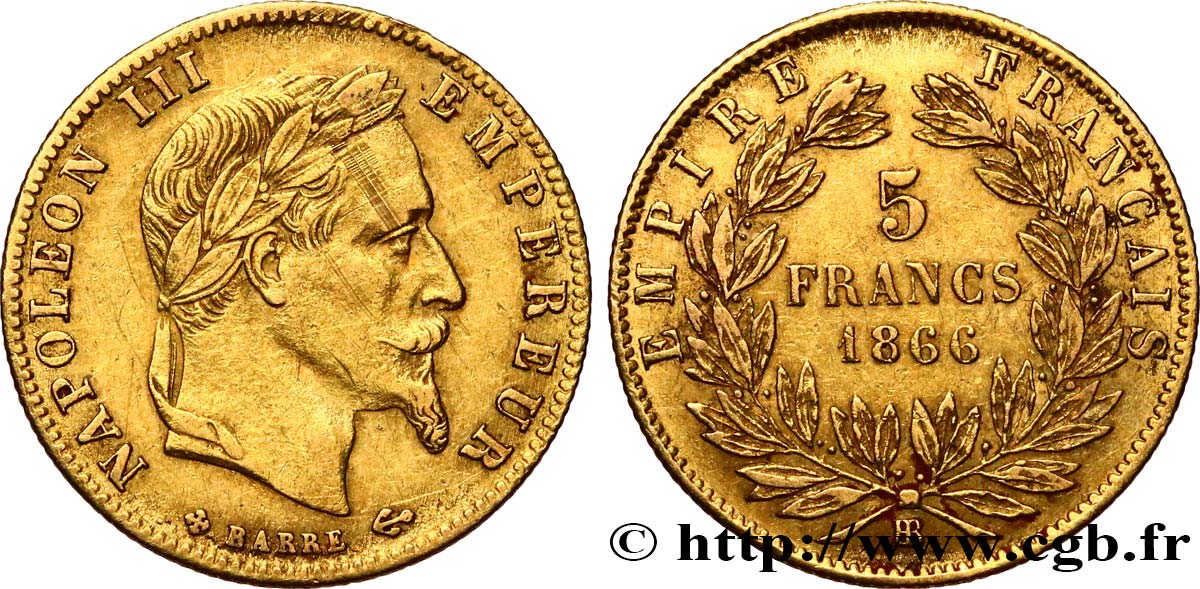 5 francs or Napoléon III, tête laurée 1866 Strasbourg F.502/10 TB+ 