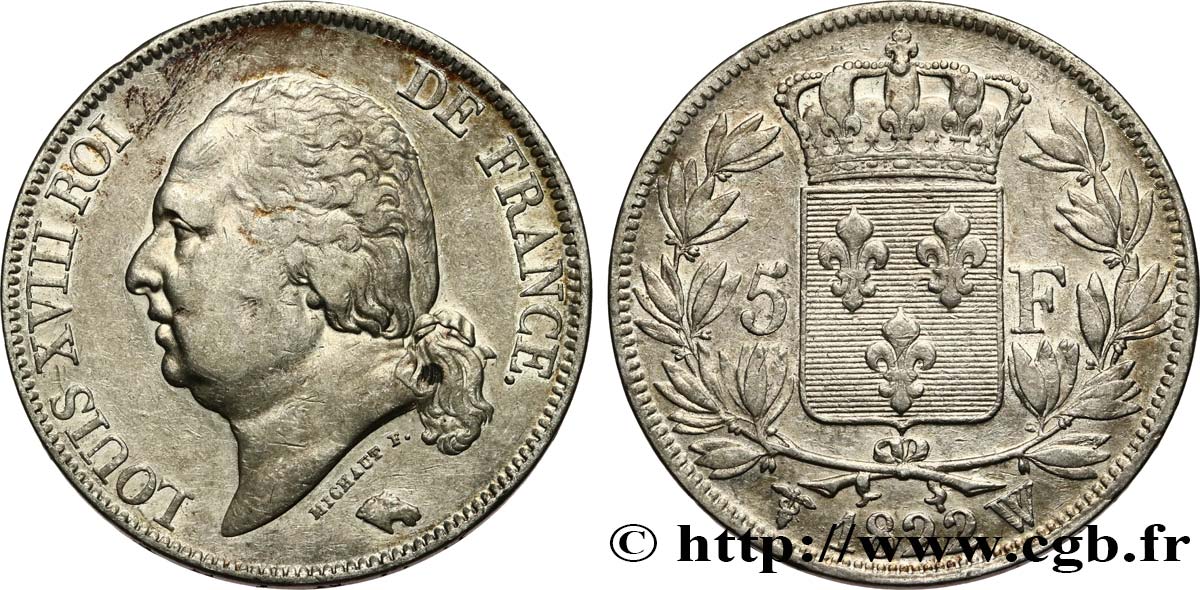 5 francs Louis XVIII, tête nue 1822 Lille F.309/75 VF35 