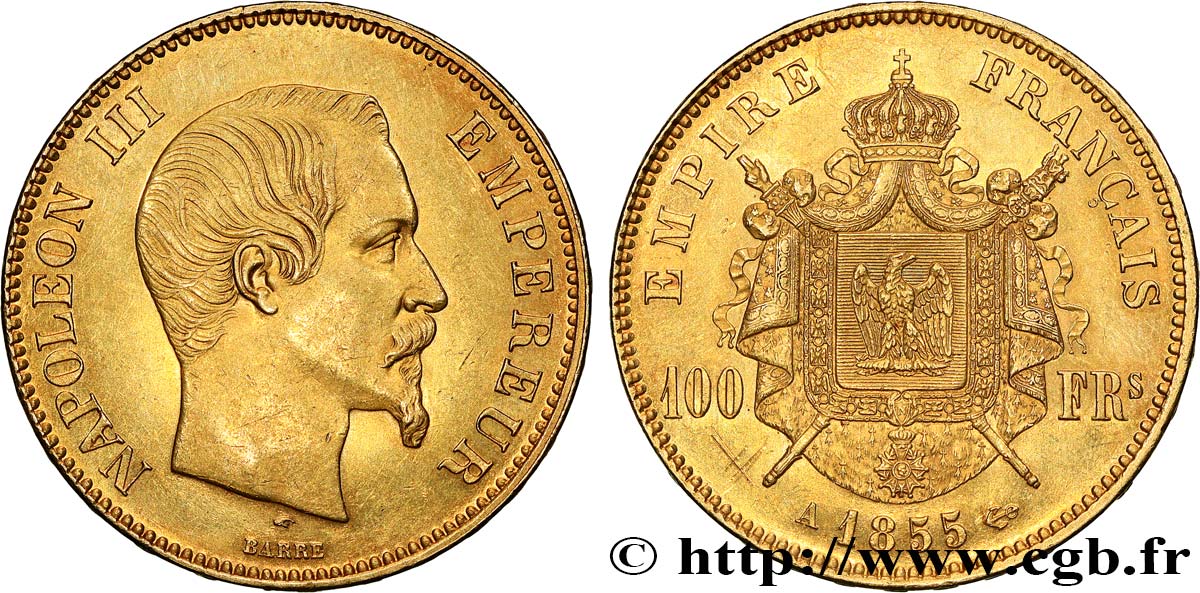 100 francs or Napoléon III, tête nue 1855 Paris F.550/1 q.SPL 