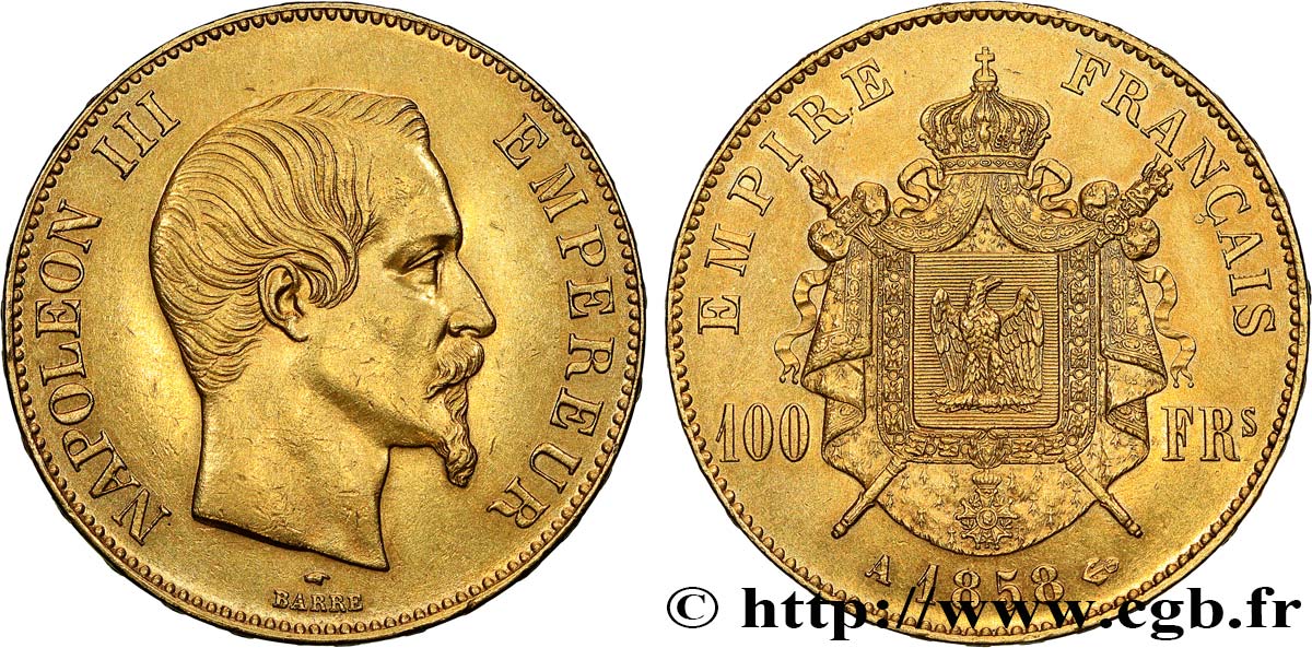 100 francs or Napoléon III, tête nue 1858 Paris F.550/5 EBC 