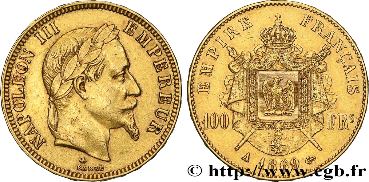 100 francs or Napoléon III, tête laurée 1869 Paris F.551/12 MBC+ 