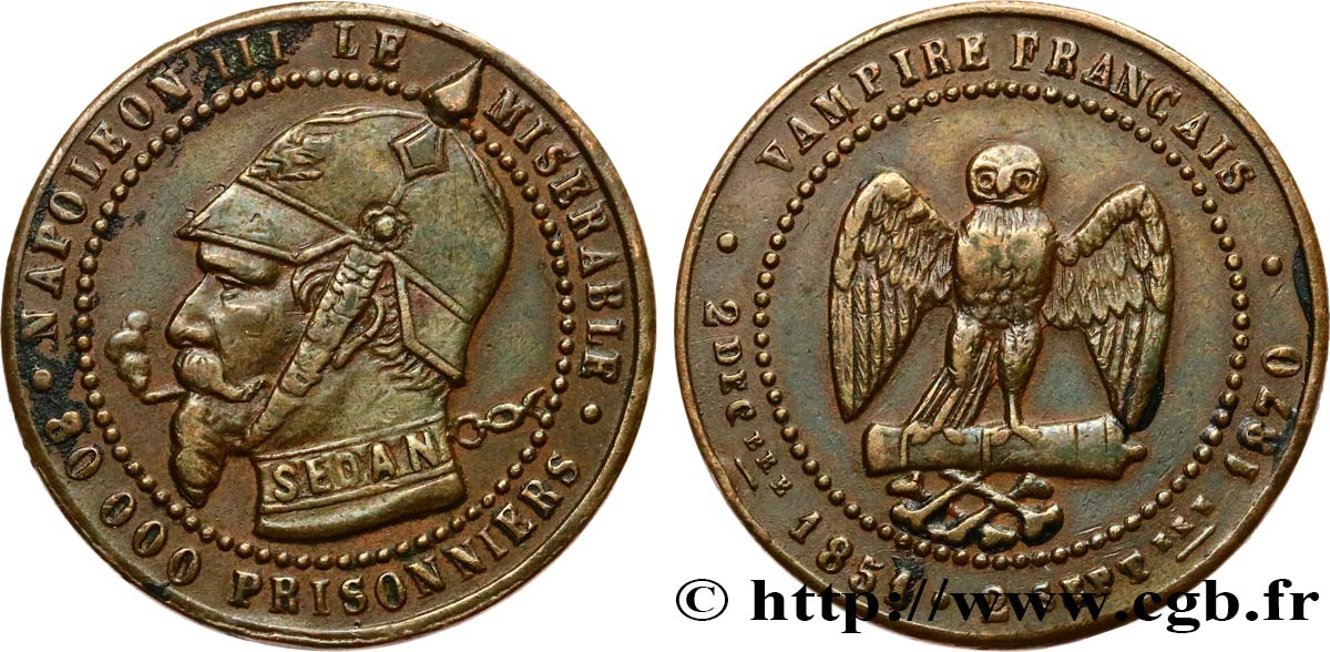 Médaille satirique Cu 25, module de Cinq centimes, type B “Os et Cigarette” 1870  Schw.B2b  BC+ 