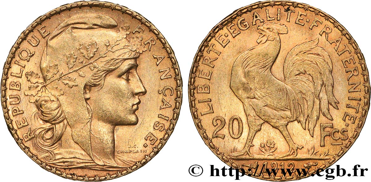 20 francs or Coq, Liberté Égalité Fraternité 1912 Paris F.535/6 SUP 