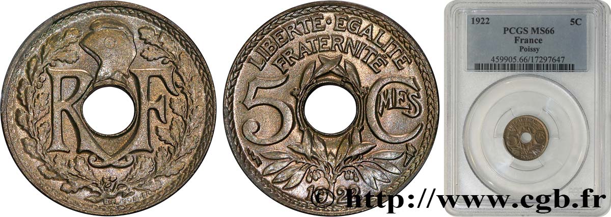 5 centimes Lindauer, petit module 1922 Poissy F.122/5 MS66 PCGS