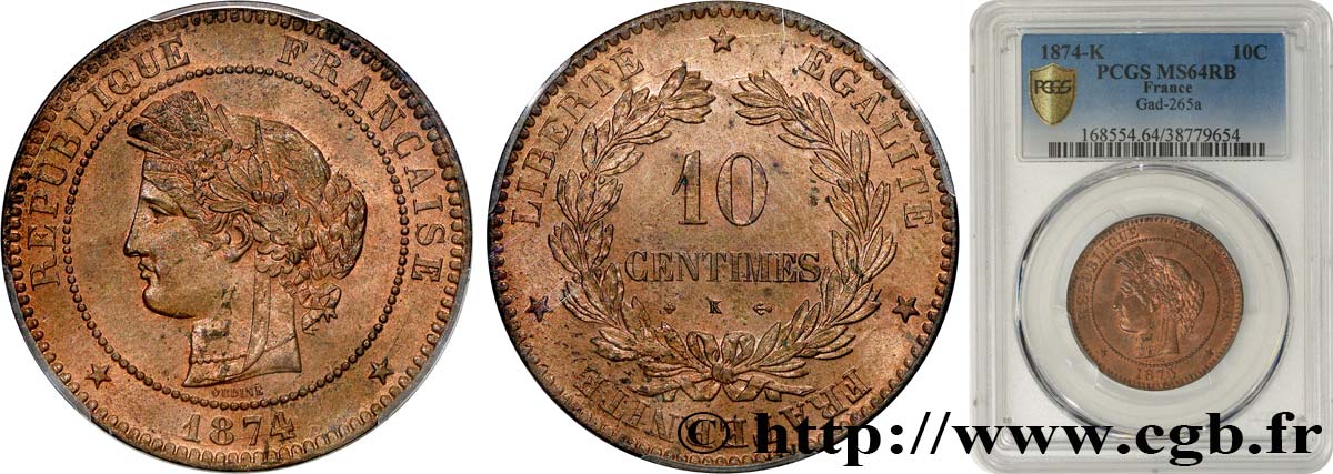 10 centimes Cérès 1874 Bordeaux F.135/13 SPL64 PCGS