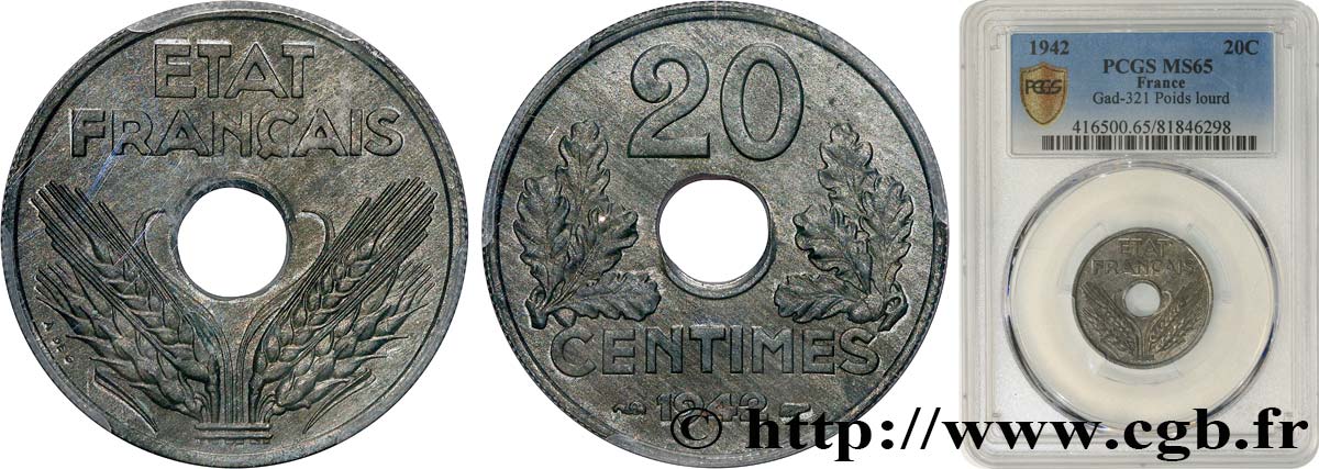 20 centimes État français 1942  F.153/4 FDC65 PCGS