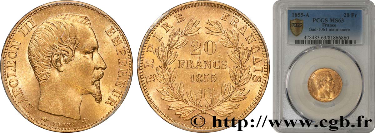 20 francs or Napoléon III, tête nue 1855 Paris F.531/4 SPL63 PCGS