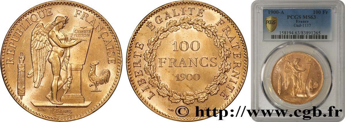 100 francs or Génie, tranche inscrite en relief Dieu protège la France 1900 Paris F.552/13 SC63 PCGS