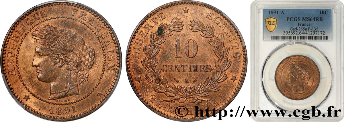 10 centimes Cérès 1891 Paris F.135/36 SPL64 PCGS