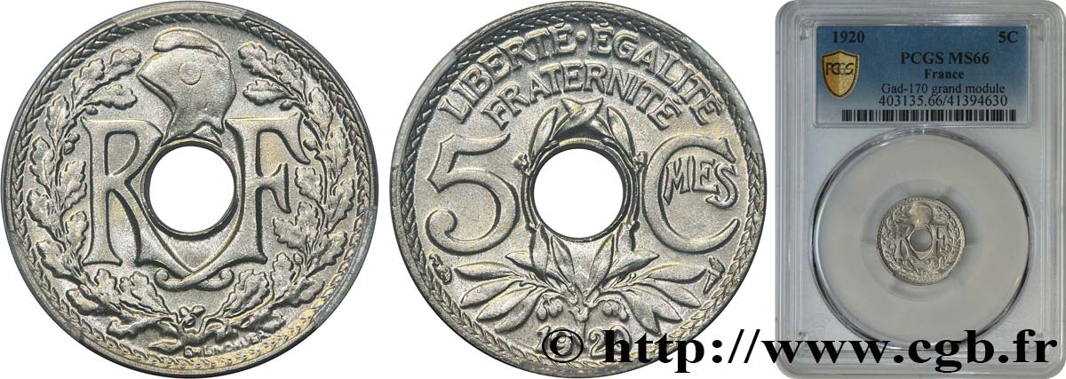 5 centimes Lindauer, grand module 1920  F.121/4 FDC66 PCGS