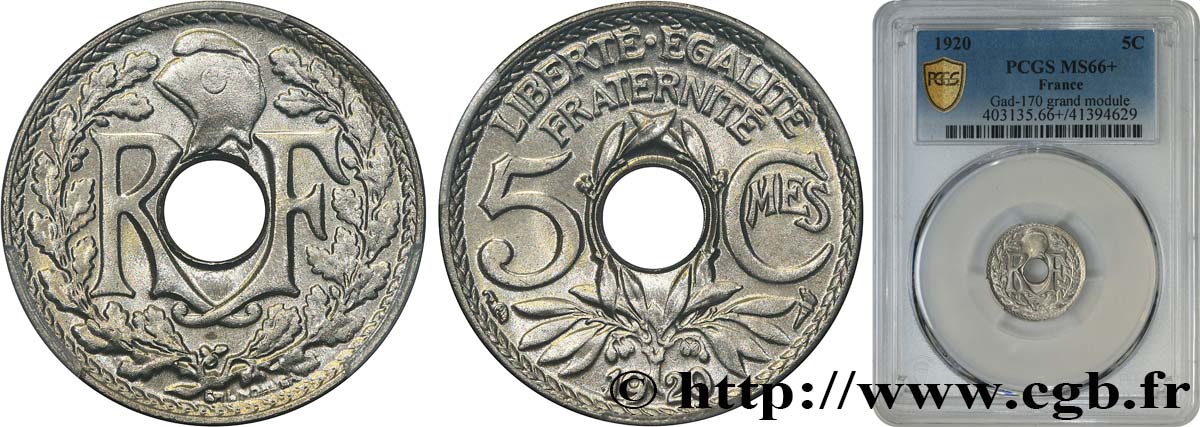 5 centimes Lindauer, grand module 1920  F.121/4 ST66 PCGS