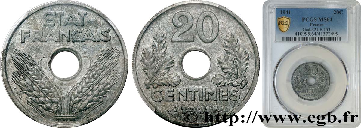 20 centimes État français, lourde 1941  F.153/2 SC64 PCGS