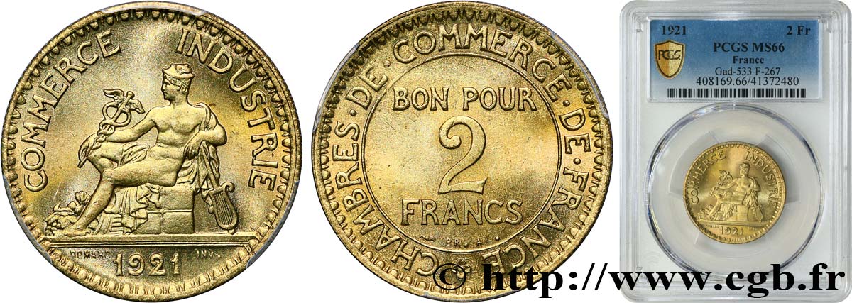 2 francs Chambres de Commerce 1921  F.267/3 MS66 PCGS