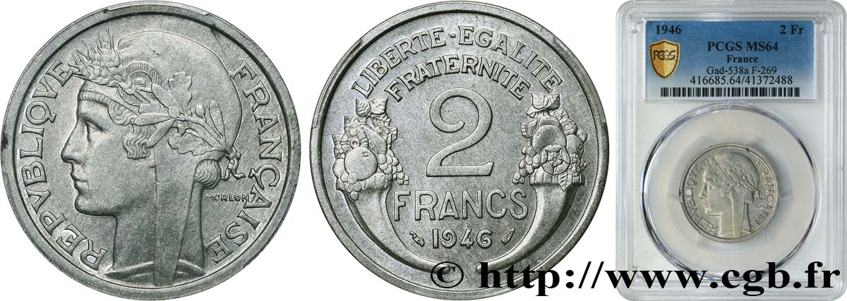 2 francs Morlon, aluminium 1946  F.269/8 MS64 PCGS