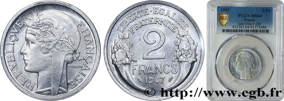 2 francs Morlon, aluminium 1947  F.269/10 MS64 PCGS