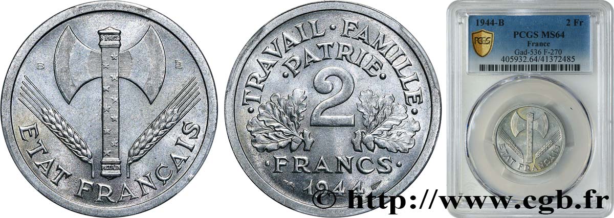 2 francs Francisque 1944 Beaumont-Le-Roger F.270/5 fST64 PCGS