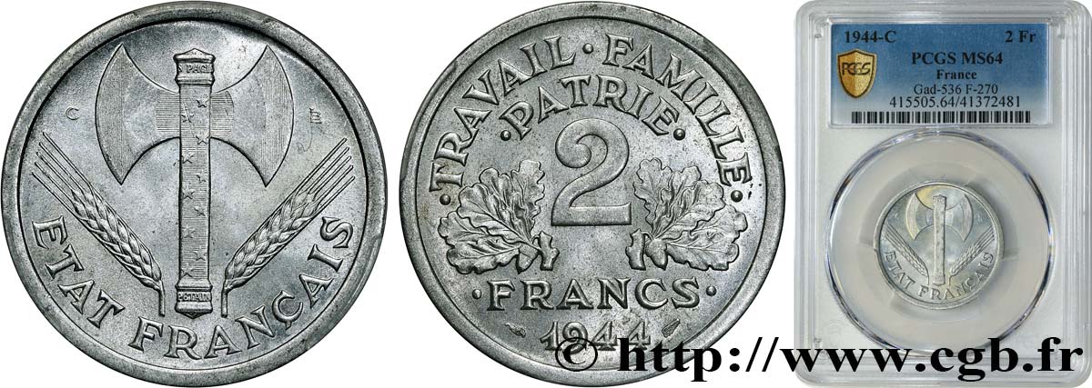 2 francs Francisque 1944 Castelsarrasin F.270/6 MS64 PCGS