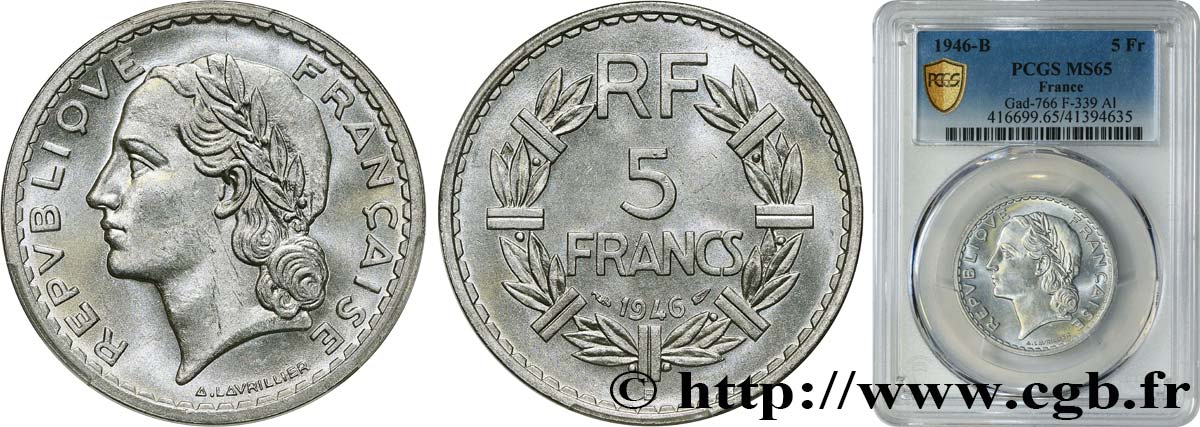 5 francs Lavrillier, aluminium 1946 Beaumont-Le-Roger F.339/7 MS65 PCGS