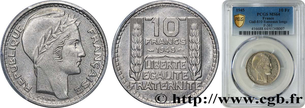 10 francs Turin, grosse tête, rameaux longs 1945  F.361/2 MS64 PCGS
