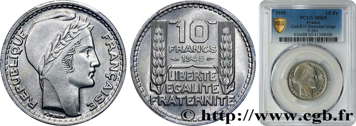 10 francs Turin, grosse tête, rameaux longs 1945  F.361/2 FDC65 PCGS