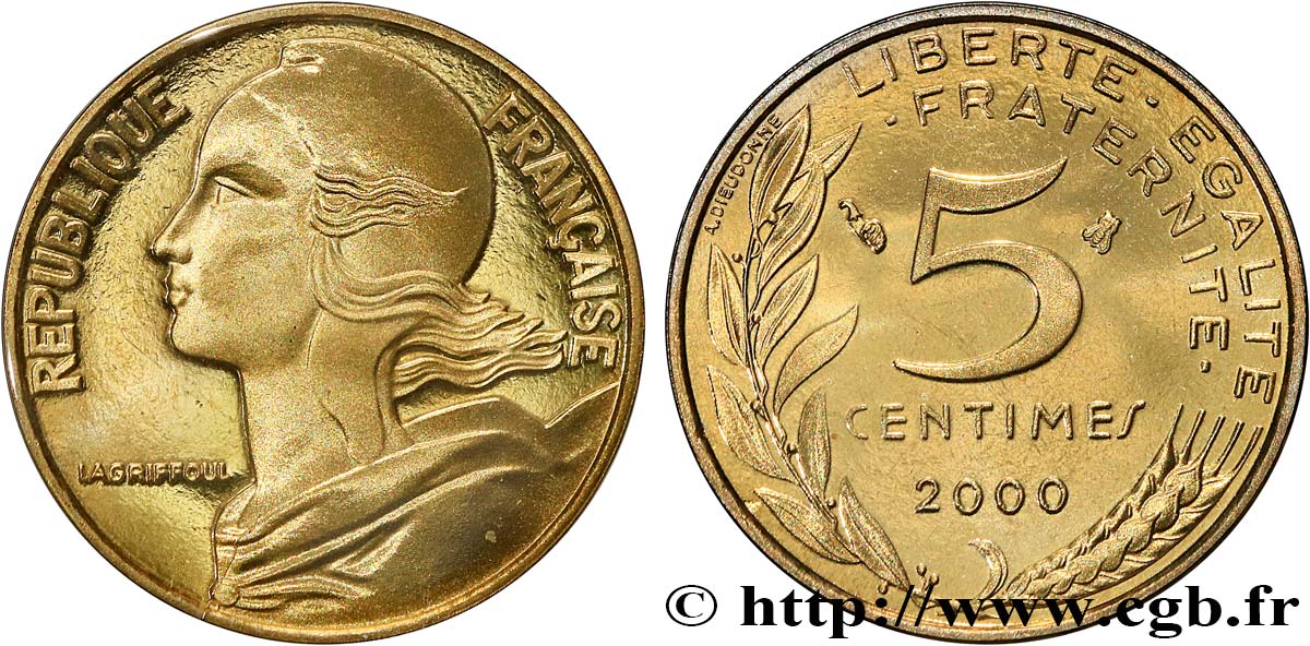 5 centimes Marianne, BE (Belle Épreuve) 2000 Pessac F.125/44 var. MS 