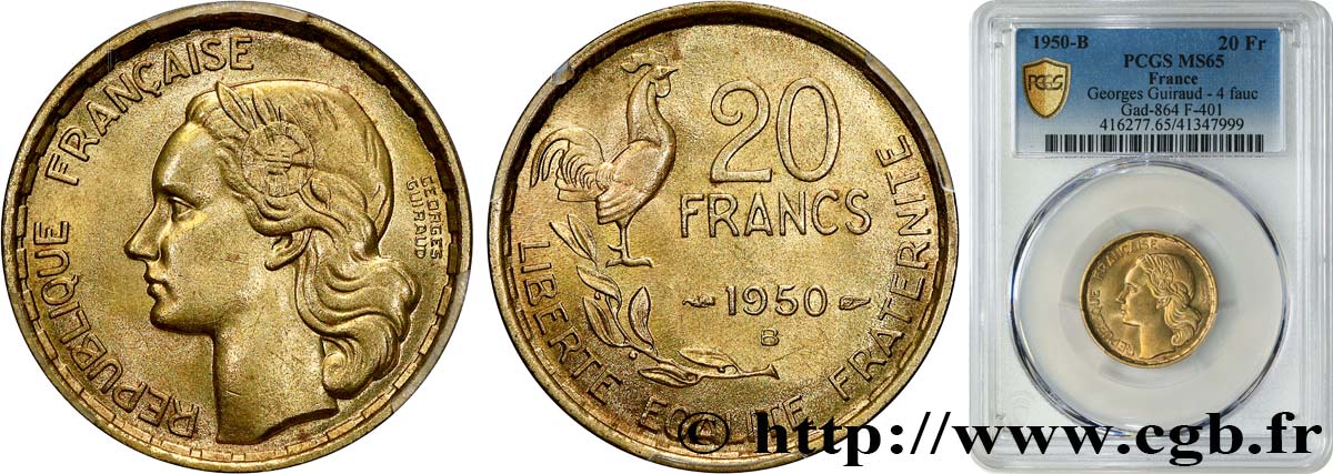 20 francs Georges Guiraud, 4 faucilles 1950 Beaumont-Le-Roger F.401/3 ST65 PCGS