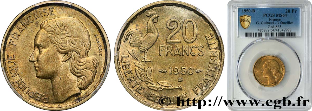 20 francs G. Guiraud, 3 faucilles 1950 Beaumont-Le-Roger F.402/5 SPL64 PCGS