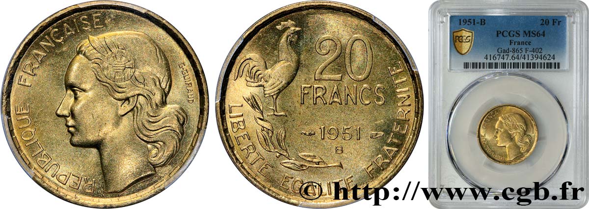20 francs G. Guiraud 1951 Beaumont-Le-Roger F.402/8 SPL64 PCGS