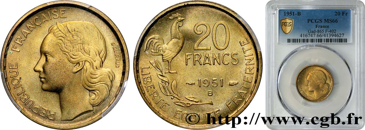 20 francs G. Guiraud 1951 Beaumont-Le-Roger F.402/8 MS66 PCGS