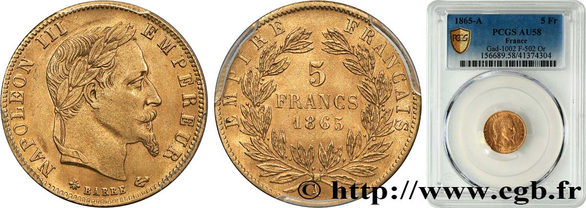 5 francs or Napoléon III, tête laurée 1865 Paris F.502/7 EBC58 PCGS