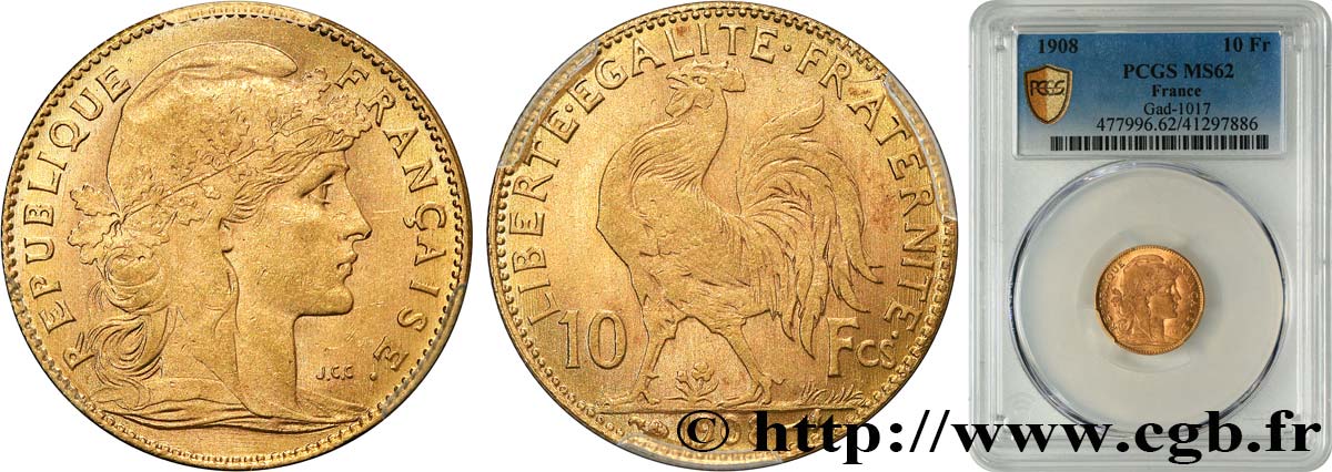 10 francs or Coq 1908 Paris F.509/9 MS62 PCGS