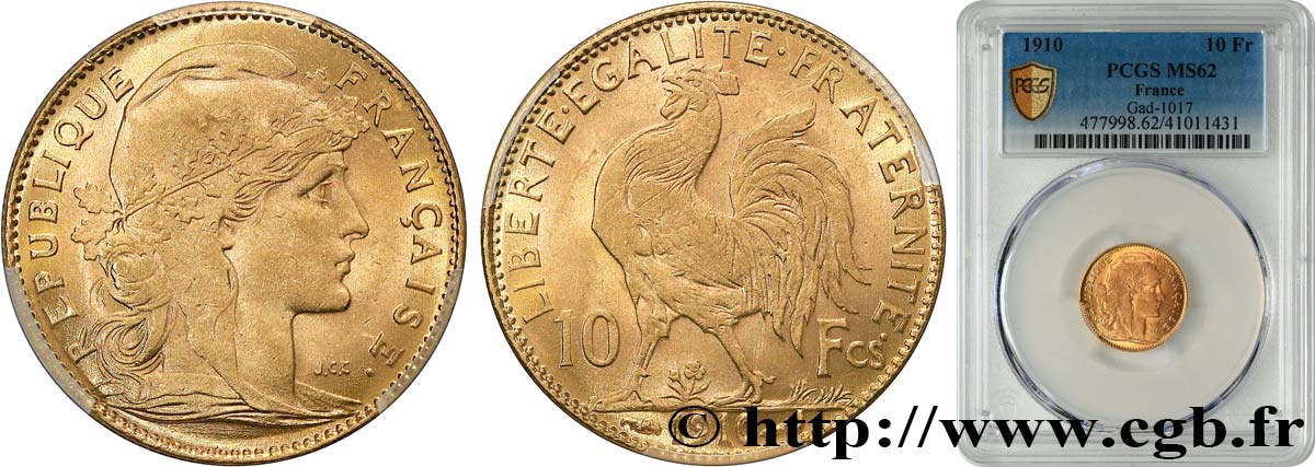 10 francs or Coq 1910 Paris F.509/11 EBC62 PCGS