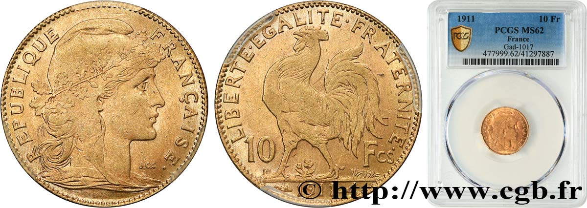 10 francs or Coq 1911 Paris F.509/12 MS62 PCGS